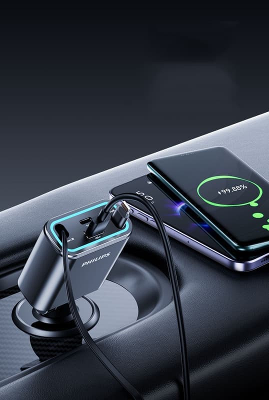 Philips dubbel billaddare med flera portar, typ C + USB, snabb laddning och problemfri anpassning