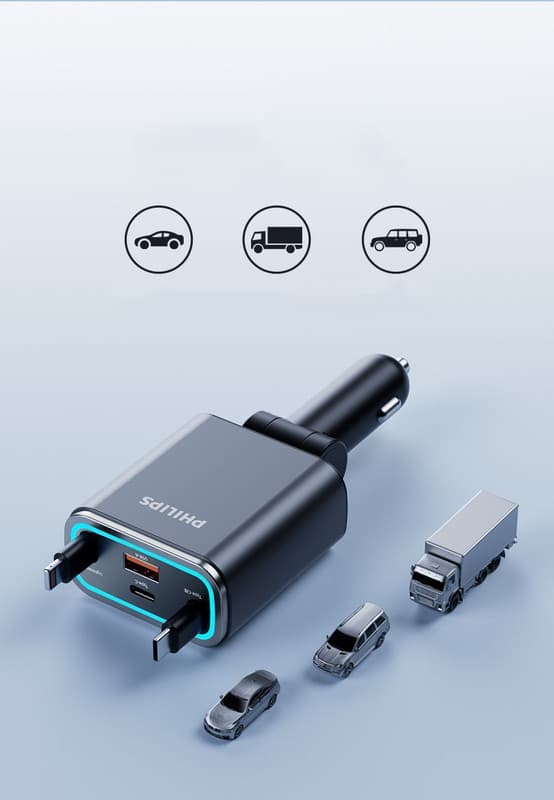Philips dubbel billaddare med flera portar, typ C + USB, snabb laddning och problemfri anpassning