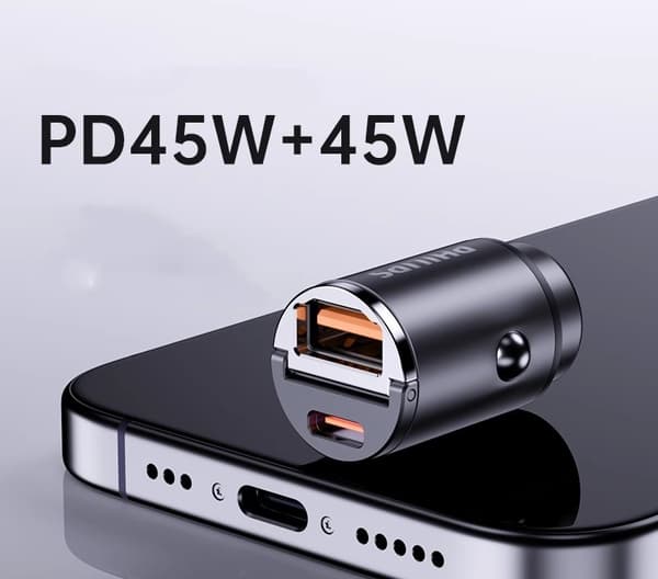 Philips mini-biloplader med to porte, hurtig opladning og nyd bilturen