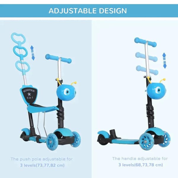 Rootz 5-i-1 Kids Kick Scooter - Børnescooter - Scooter - City Scooter - Børnescooter - Teleskoprør - Højdejusterbar - Blå - 62 x 25 x 72,5 cm