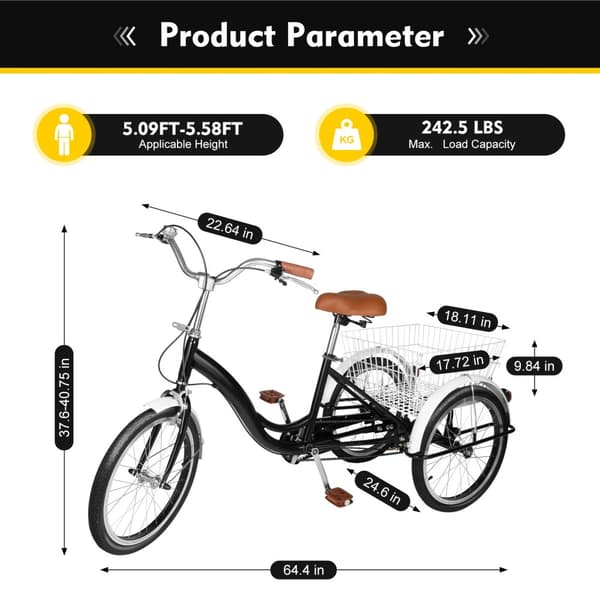 Voksen Tricycle, 8-Gears, Justerbar Højde, Stor Kurv,20inch Sort