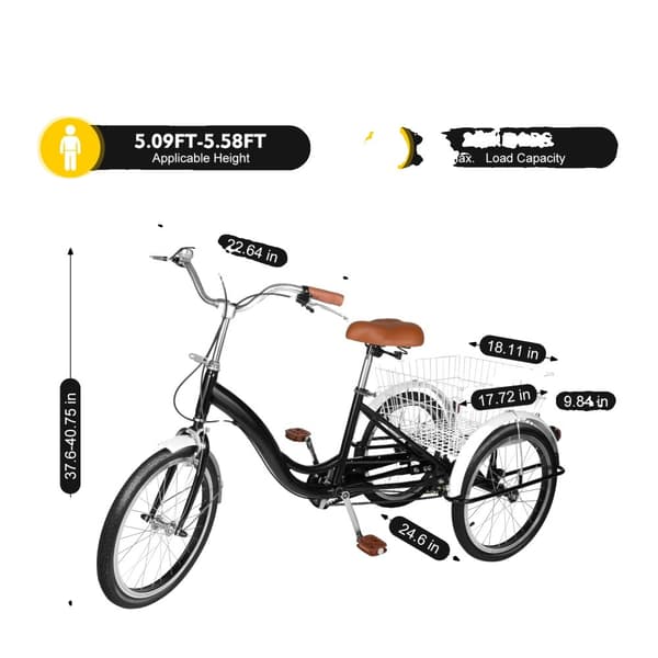 Voksen Tricycle, 8-Gears, Justerbar Højde, Stor Kurv,20inch Sort
