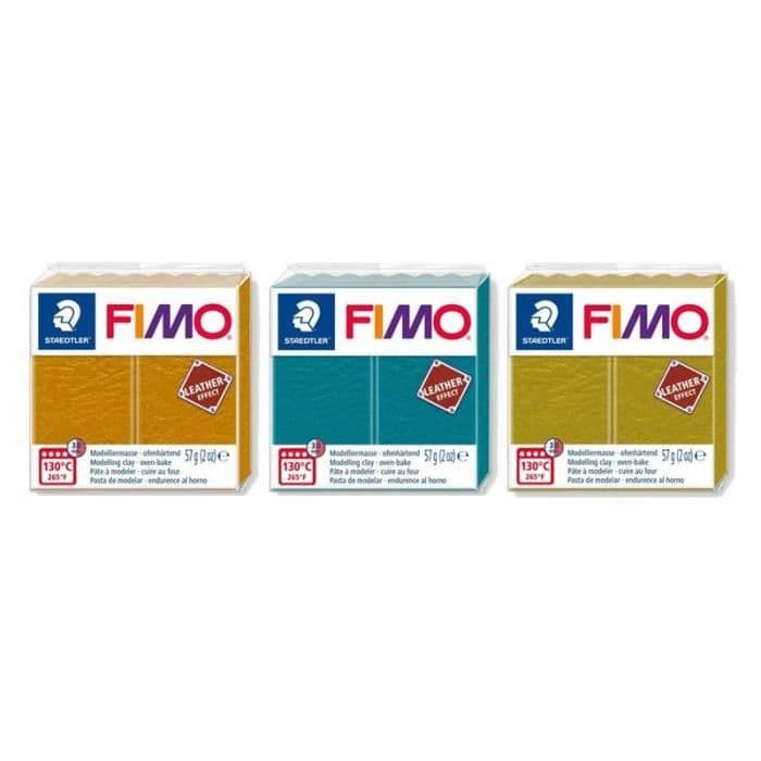 3 polymerleror med lädereffekt - ockra-turkos-oliv
