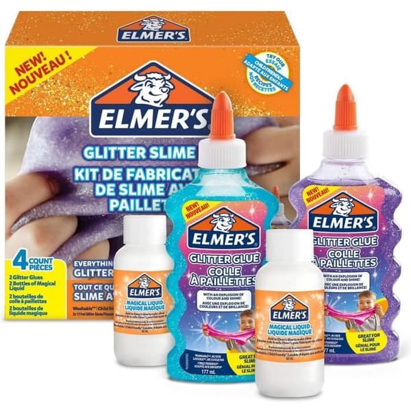 ELMERS Glitter Slime Maker Kit, 2 flaskor med glittrig lim på 177 ml, 2 flaskor med magisk vätska på 68 ml