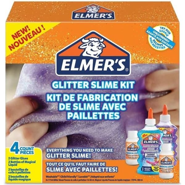 ELMERS Glitter Slime Maker Kit, 2 flaskor med glittrig lim på 177 ml, 2 flaskor med magisk vätska på 68 ml