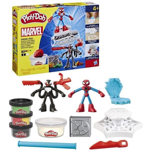 Play-Doh Spider-Man, Slash Attack-set med 2 flexibla figurer, 7 tillbehör och modelllera, 4 år, Marvel