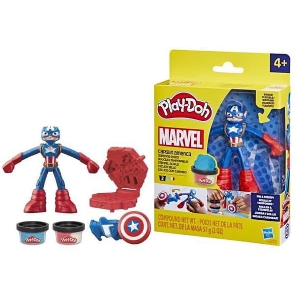 Play-Doh Captain America, Stamper Shield-set med flexibel figur, tillbehör och modelllera, från 4 år, Marvel