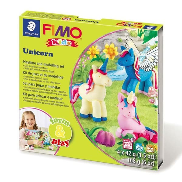 Fimo Kids Unicorn Kit - Staedtler - Form&amp;Play - 4 olika 42 g modelleringslerlimpor + modelleringsverktyg + dekor
