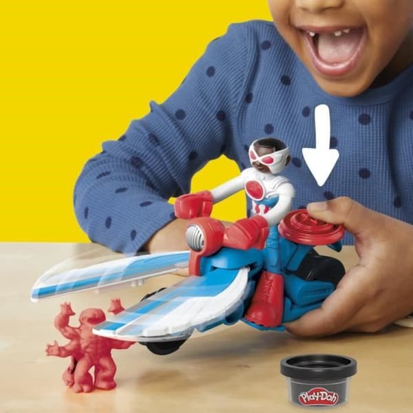Play-Doh Captain America, Sharp Motorcykelset med flexibel figur, 3 tillbehör och modelllera, från 4 år, Marvel