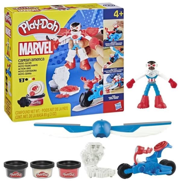 Play-Doh Captain America, Sharp Motorcykelset med flexibel figur, 3 tillbehör och modelllera, från 4 år, Marvel