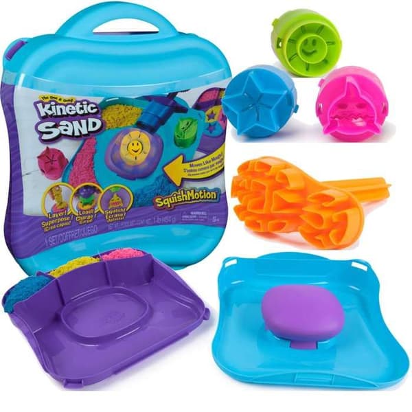 Plast Kinetic Sand set Squish Motion resväska 3 sandar + tillbehör
