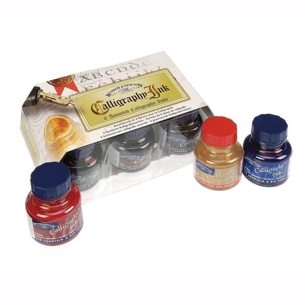 Calligrafiink - WINSOR &amp; NEWTON - Assortiment 6x30ml - Karmin, Mörkblå, Grön, Sepia, Svart, Guld