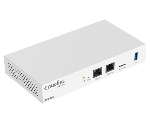 D-LINK DNH-100 Nuclias Connect trådløs controller til op til 100 adgangspunkter 1x 10/100/1000Base-T 1x USB 3.0 1x Micro SD slot (DNH-100) Hvid