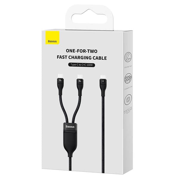 Baseus Universal Cable, Flash Series II 2-in-1 Fast Charging Cable (Type-C to Type-C + Type-C) 100W, 1.5m, Black (CASS060001)