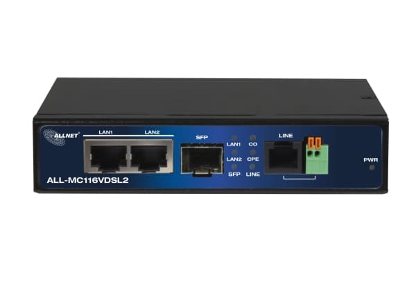 ALLNET ALL-MC116VDSL2, 2x RJ45, SFP, 10BASE-T, 100BASE-T, 160 Mbit/s, IEEE 802.3ab, IEEE 802.3u, IEEE 802.3z, Svart, ADSL (RJ-11), Ethernet (RJ-45)