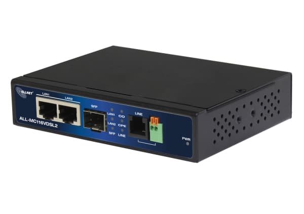 ALLNET ALL-MC116VDSL2, 2x RJ45, SFP, Sort, 160 Mbit/s, 10BASE-T, 100BASE-T, IEEE 802.3ab, IEEE 802.3u, IEEE 802.3z, 10/100