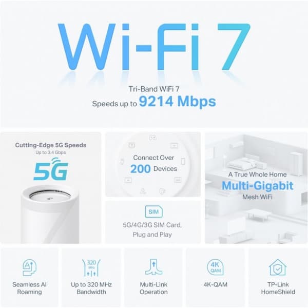 TP-LINK Deco BE65-5G Tri-Band 5G/4G/3G-modem och WiFi 7-basstation