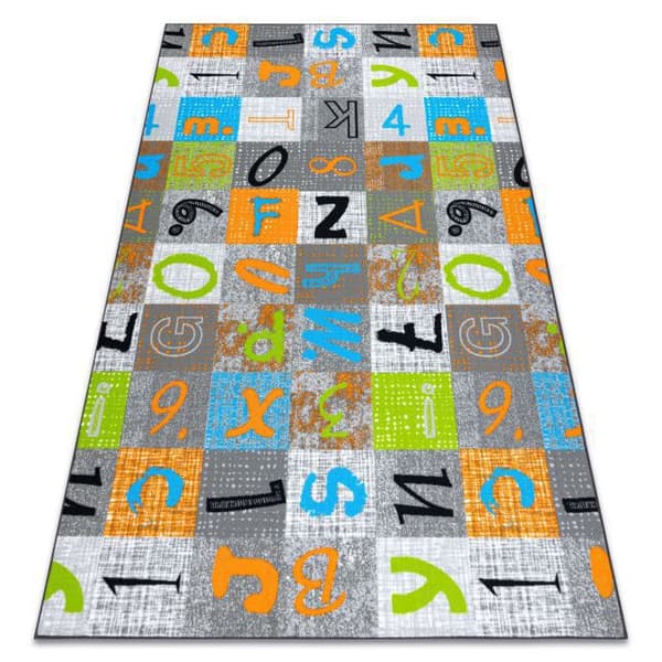 Matto lapsille JUMPY Patchwork, Kirjaimet, numerot harmaa / oranssi / sininen, 100x250 cm
