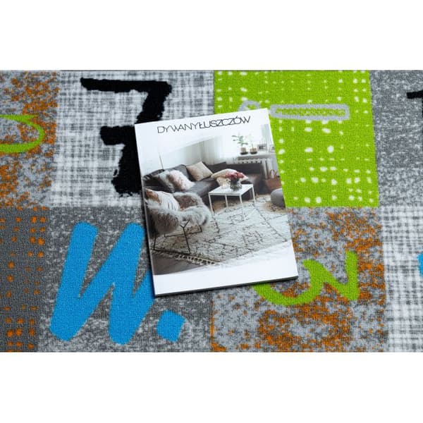 Matto lapsille JUMPY Patchwork, Kirjaimet, numerot harmaa / oranssi / sininen, 100x400 cm
