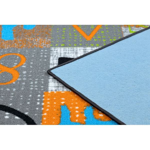 Matto lapsille JUMPY Patchwork, Kirjaimet, numerot harmaa / oranssi / sininen, 100x400 cm