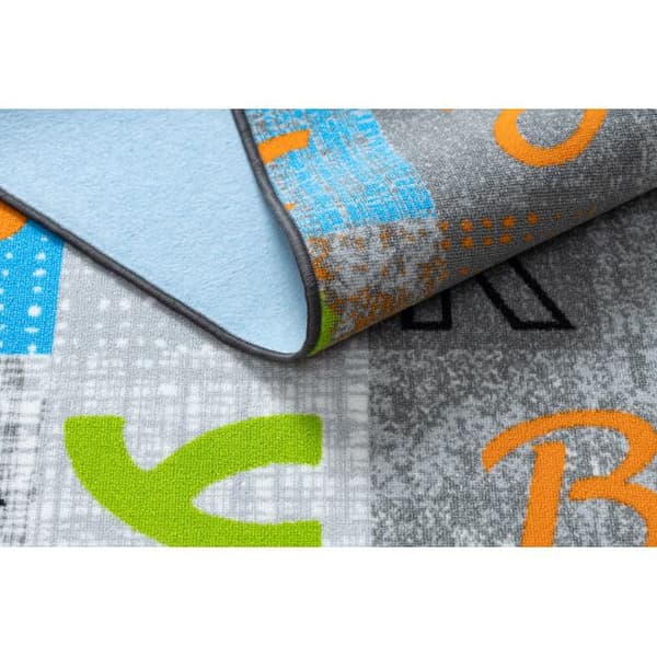 Matto lapsille JUMPY Patchwork, Kirjaimet, numerot harmaa / oranssi / sininen, 100x400 cm