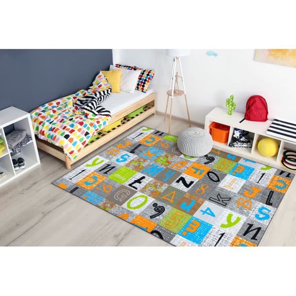 Matto lapsille JUMPY Patchwork, Kirjaimet, numerot harmaa / oranssi / sininen, 100x400 cm