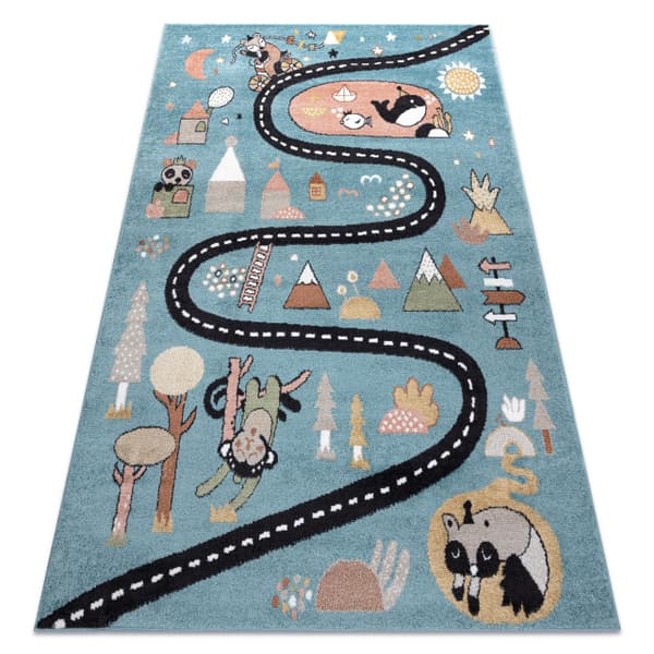 Matto FUN Route lapsille, ulica, eläimet sininen, 280x370 cm