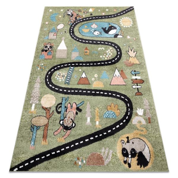 Matto FUN Route lapsille, ulica, eläimet vihreä, 80x150 cm