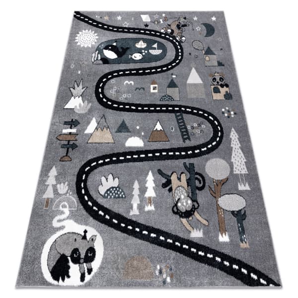 Matto FUN Route lapsille, ulica, eläimet harmaa, 240x330 cm