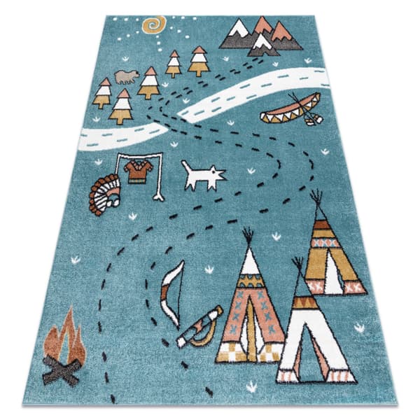 Matto FUN Indian lapsille, kylä indiańska, eläimet sininen, 80x150 cm