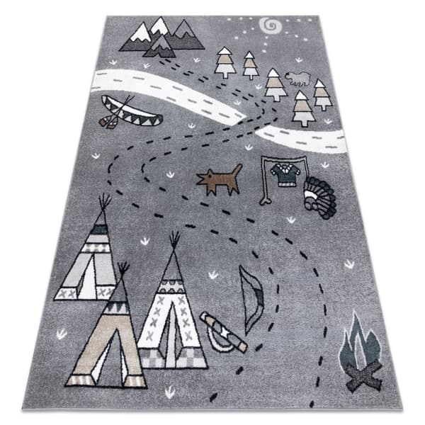 Matto FUN Indian lapsille, kylä indiańska, eläimet harmaa, 80x150 cm