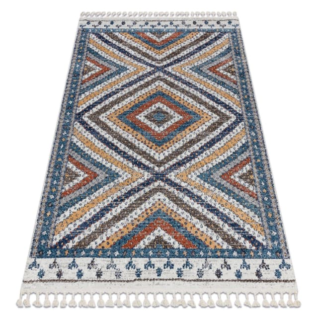 Modern matta BELLE BG30C Ruter, etnisk blå / grädde Fringe, 160x220 cm