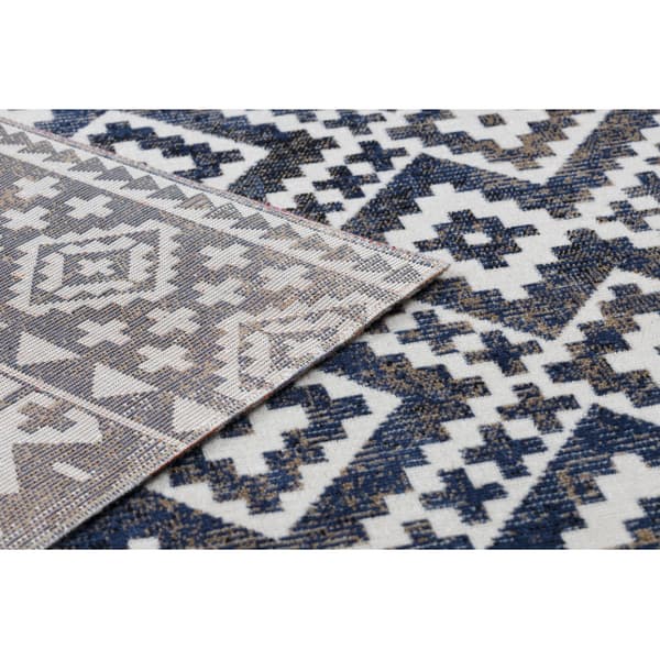 Moderne tæppe MUNDO E0561 diamanter, zigzag 3D udendørs blå / beige, 80x250 cm
