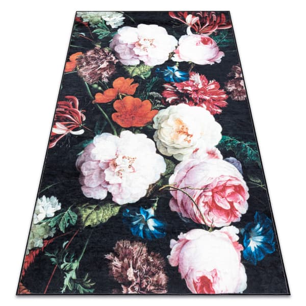 ANDRE 1629 tæppe skal blomster vintage skridsikker - sort / lyserød , 120x170 cm