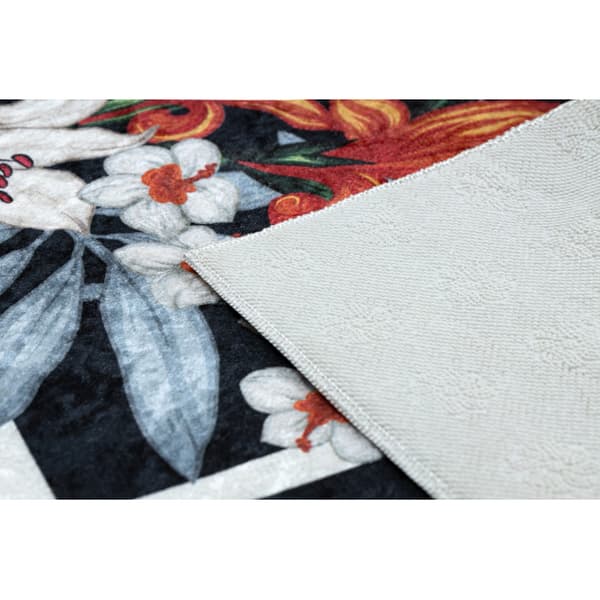 ANDRE 2300 tæppe skal blomster, zigzag skridsikker - sort / hvid, 80x150 cm