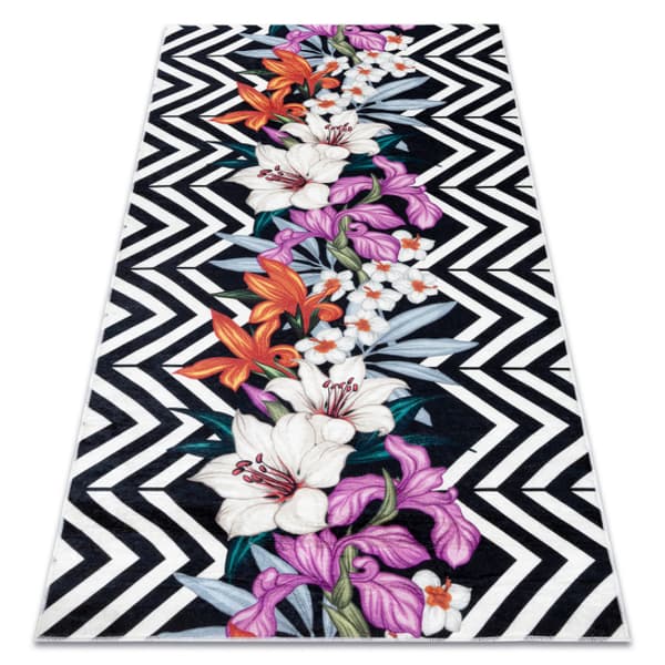 ANDRE 2300 tvättmatta blommor, zigzag halkskydd - svart / vit, 120x170 cm