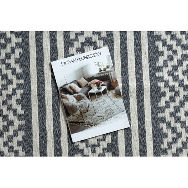 Tæppe TWIN 22996 geometrisk, striber bomuld, dobbeltsidet, Økologiske frynser - antracit / creme, 60x90 cm
