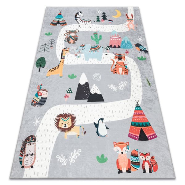 BAMBINO 2160 pestävä matto Streets, intiaanikylä, eläimet lapsille, liukumaton - harmaa, 140x190 cm