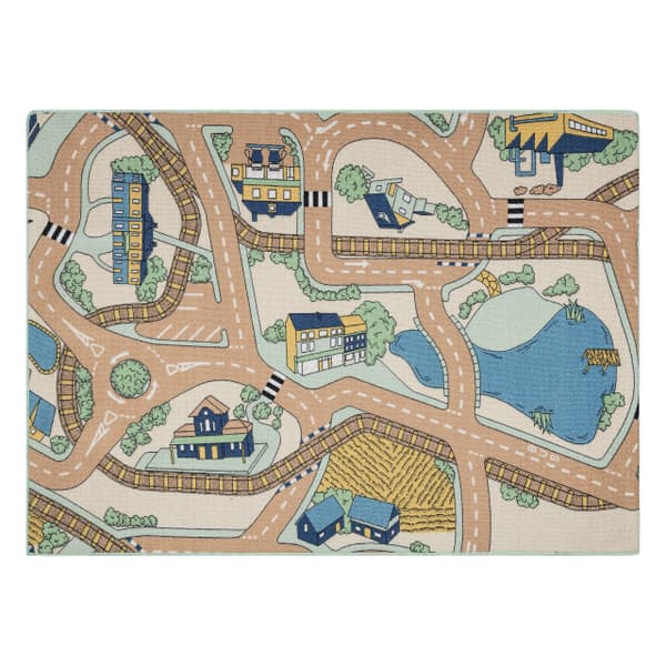 REBEL ROADS Playtime 32 Lille by, skridsikker til børn - beige / grøn , 95x133 cm