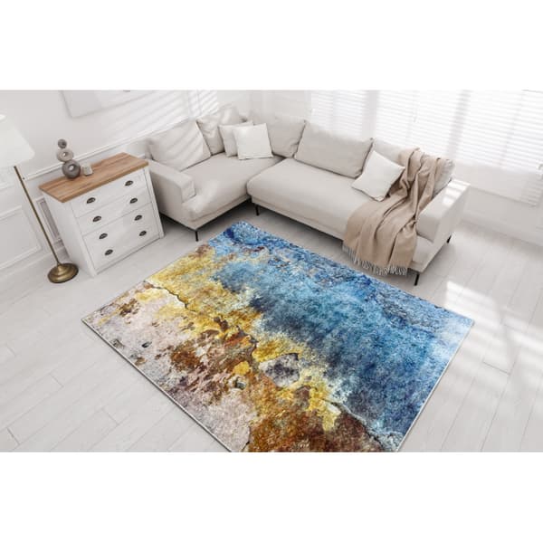 MIRO 51709.803 tvättmatta abstraktion metrisk halkskydd - blå / guld, 120x170 cm
