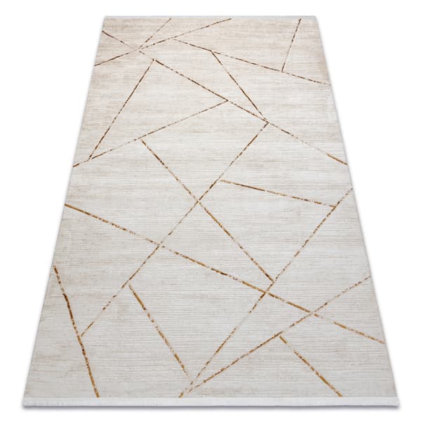 Modern matta DUKE 51557 kräm / guld - Geometrisk, strukturerad, mycket mjuk, fransar, 140x190 cm