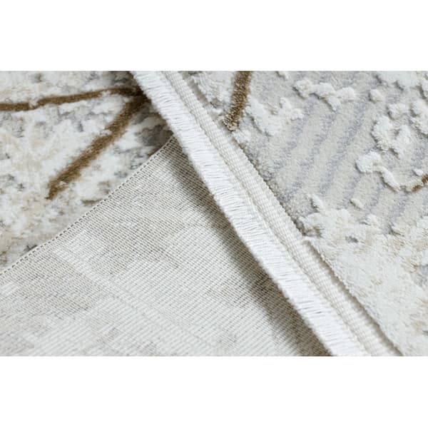 Modern matta DUKE 51393 kräm / guld - Geometrisk, vintage strukturerad, mycket mjuk, fransar, 80x150 cm