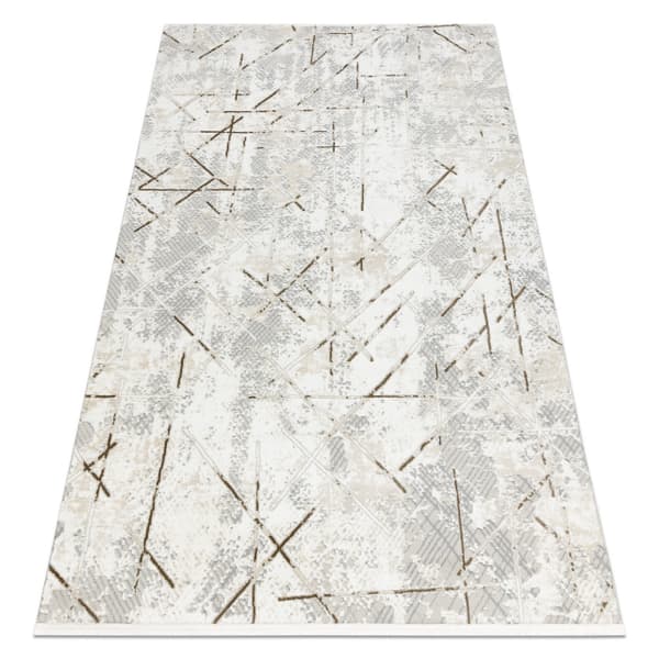 Modern matta DUKE 51393 kräm / guld - Geometrisk, vintage strukturerad, mycket mjuk, fransar, 80x150 cm