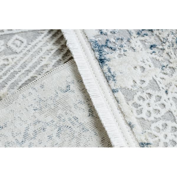 Modern matta DUKE 51558 kräm / blå - Geometrisk vintage, strukturerad, mycket mjuk, fransar, 240x330 cm