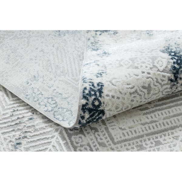 Modern matta DUKE 51558 kräm / blå - Geometrisk vintage, strukturerad, mycket mjuk, fransar, 240x330 cm