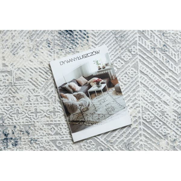 Modern matta DUKE 51558 kräm / blå - Geometrisk vintage, strukturerad, mycket mjuk, fransar, 240x330 cm