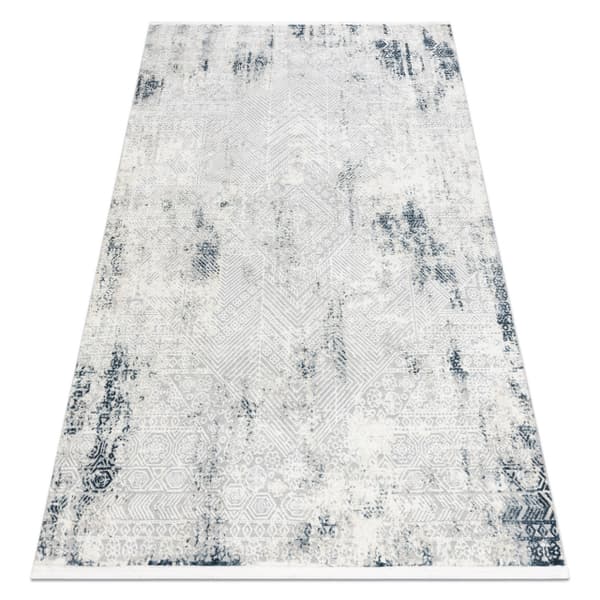 Modern matta DUKE 51558 kräm / blå - Geometrisk vintage, strukturerad, mycket mjuk, fransar, 240x330 cm
