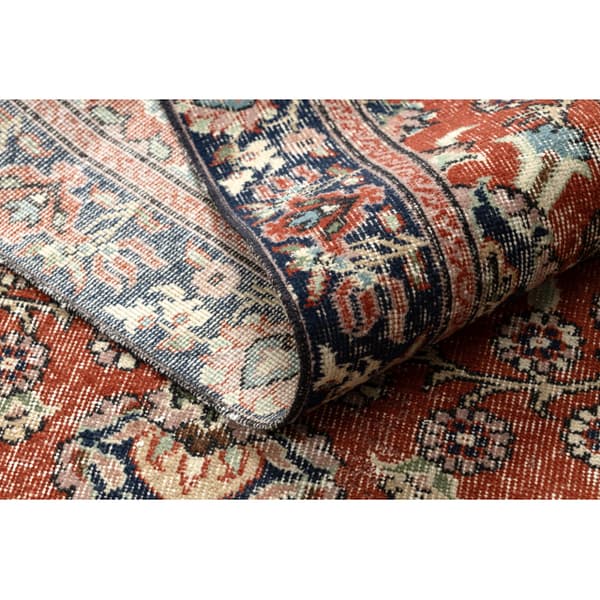 HÅNDKNYTET uldtæppe Vintage 10181, stel, blomster - terracotta / grøn, 128x230 cm