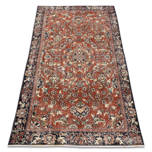 HÅNDKNYTET uldtæppe Vintage 10181, stel, blomster - terracotta / grøn, 128x230 cm