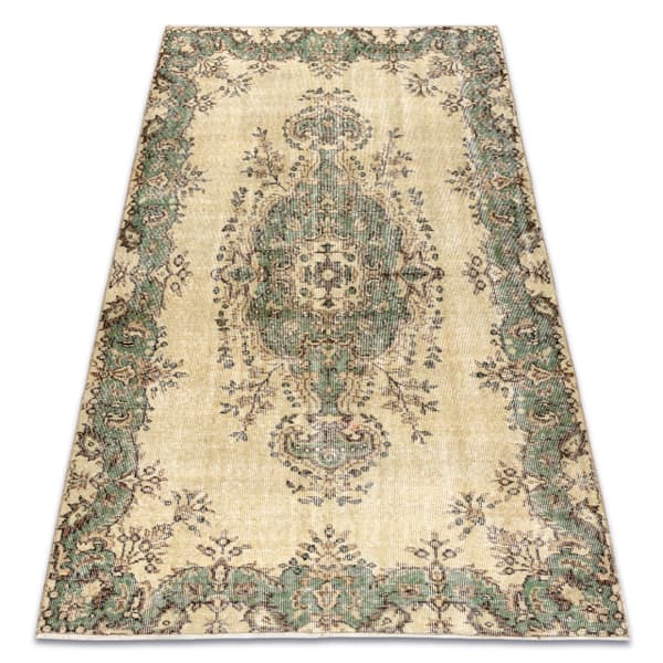 KÄSINSOLUTU villamatto Vintage 10005, ornamentti, kukat - beige / vihreä, 144x229 cm